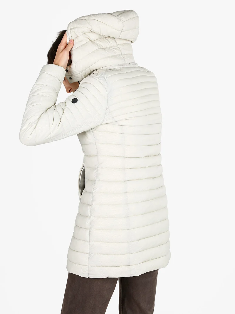 Giubbotto lungo da donna con cappuccio e zip - panna