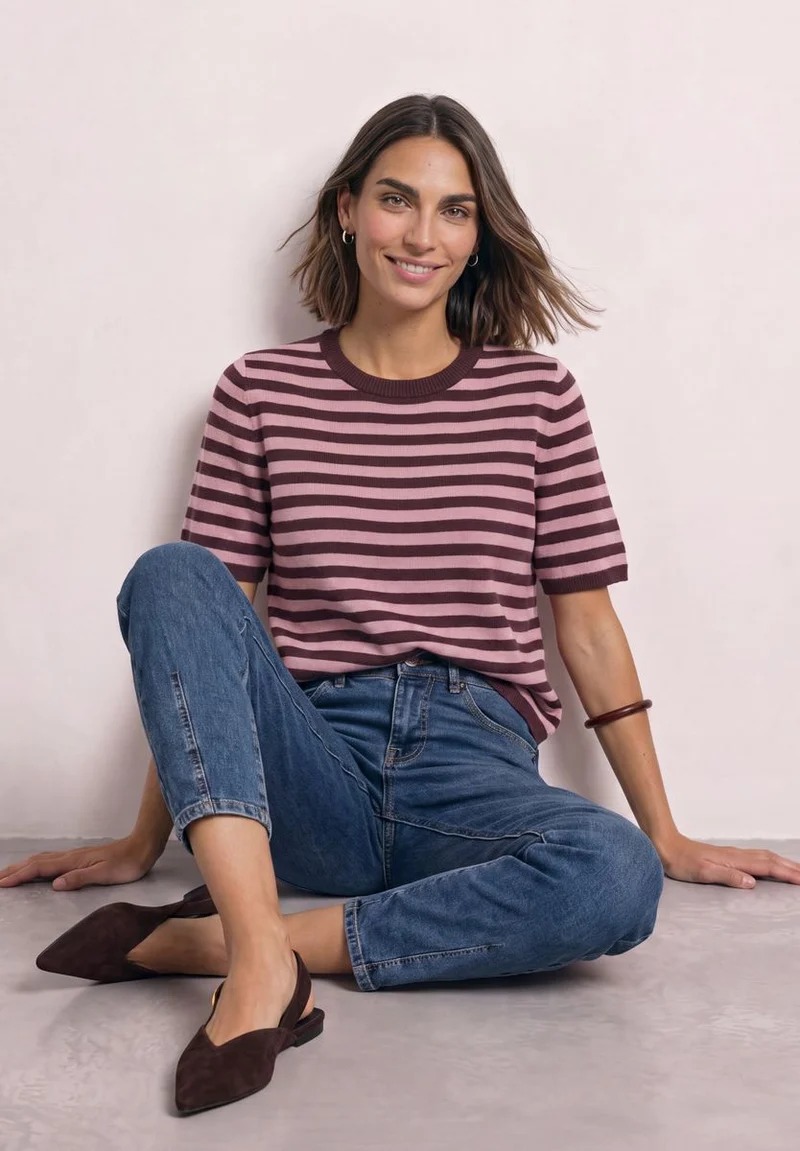 Kurzarm Pullover mit Rundhals und Streifen