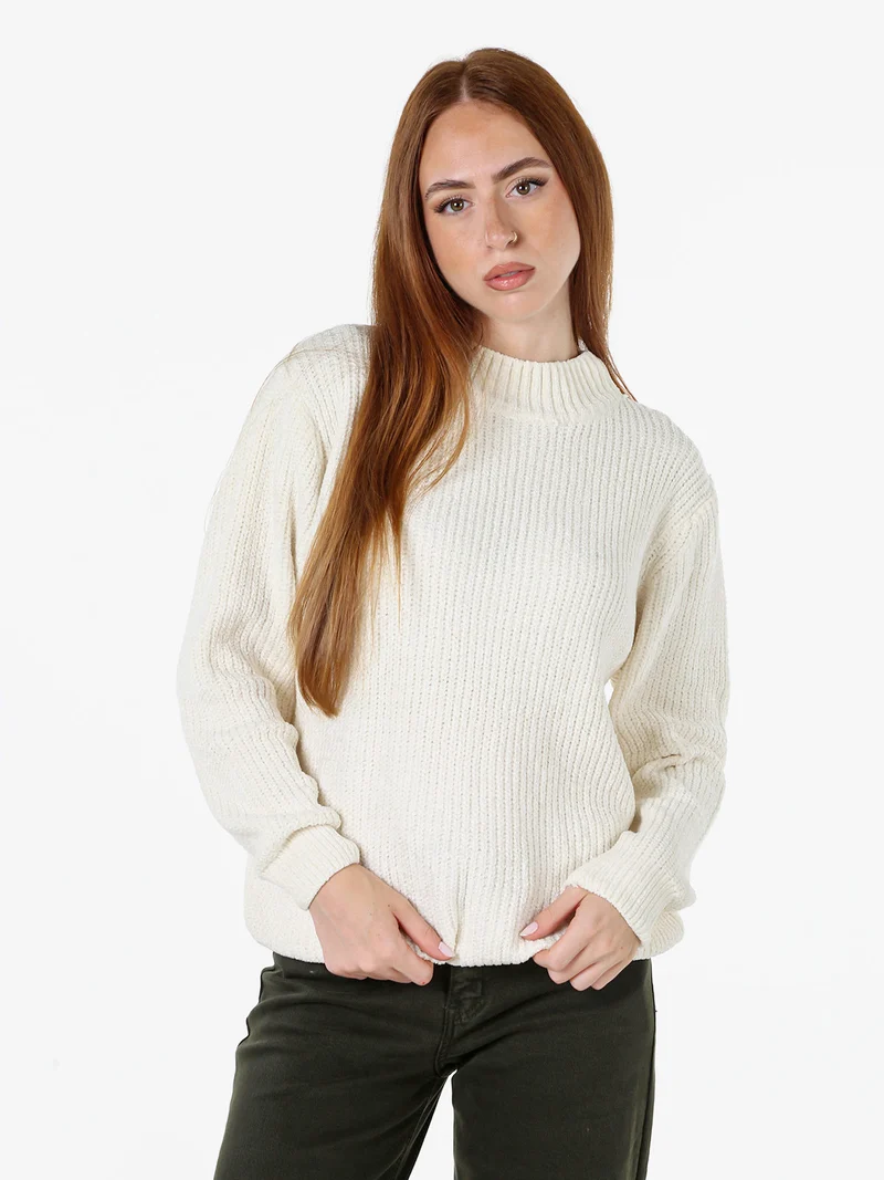 Maglione accollato da donna in ciniglia - panna