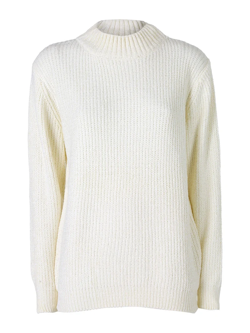 Maglione accollato da donna in ciniglia - panna