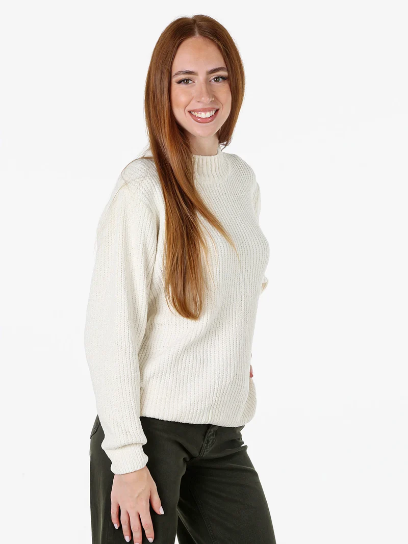 Maglione accollato da donna in ciniglia - panna