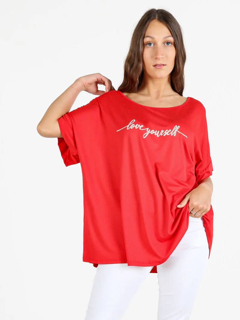 Maxi t-shirt donna con strass - rosso