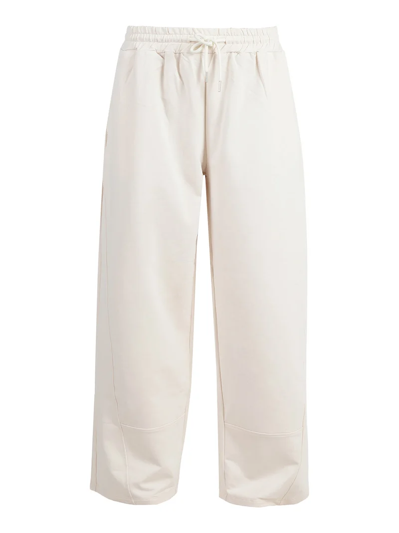 Pantaloni donna in cotone a gamba larga con coulisse - panna