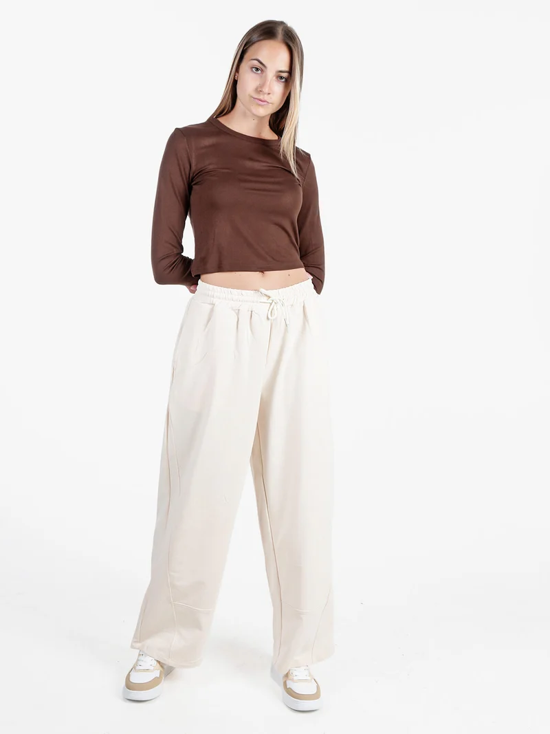 Pantaloni donna in cotone a gamba larga con coulisse - panna