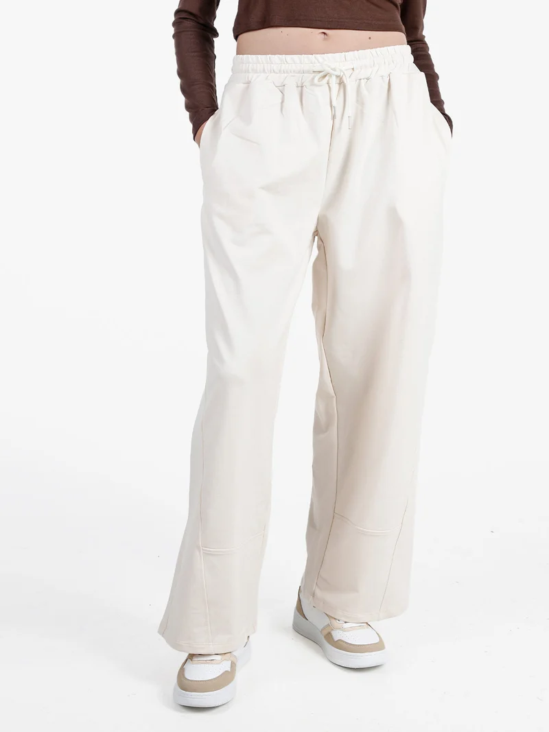 Pantaloni donna in cotone a gamba larga con coulisse - panna