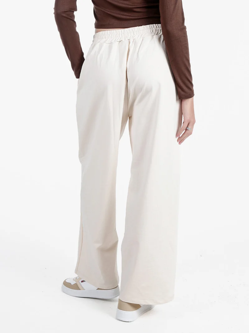 Pantaloni donna in cotone a gamba larga con coulisse - panna
