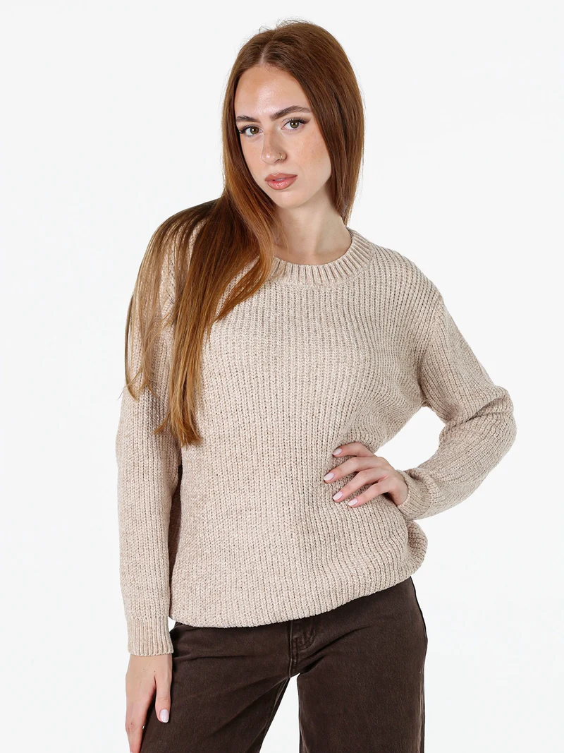 Maglione girocollo da donna in ciniglia - beige