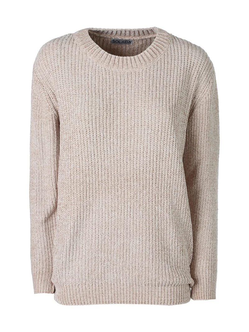 Maglione girocollo da donna in ciniglia - beige