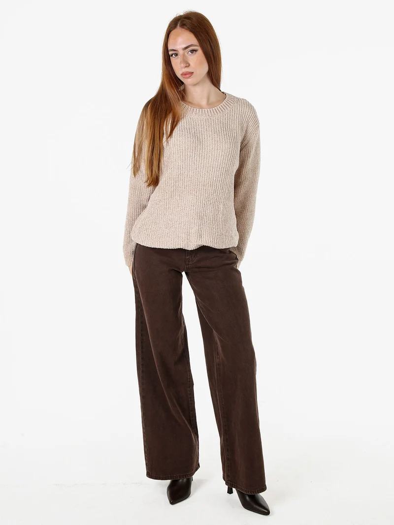 Maglione girocollo da donna in ciniglia - beige