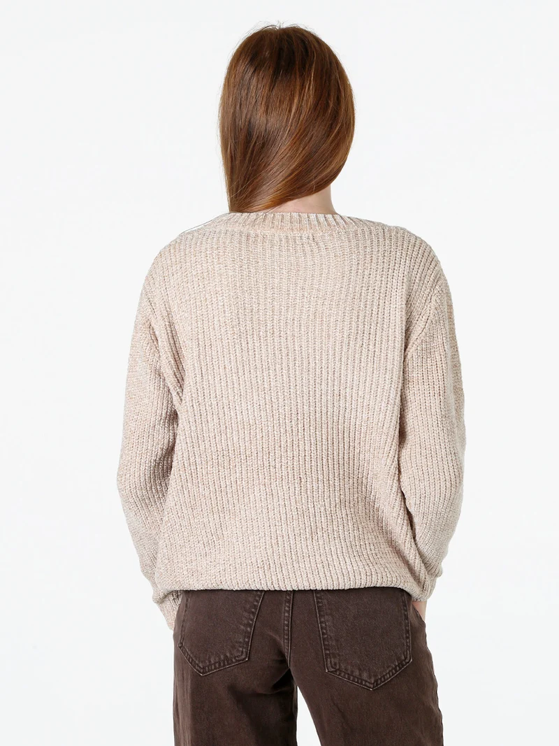Maglione girocollo da donna in ciniglia - beige