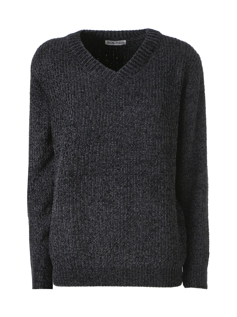 Maglione in ciniglia da donna con scollo a V - nero