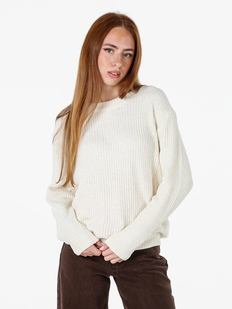 Maglione girocollo da donna in ciniglia - panna