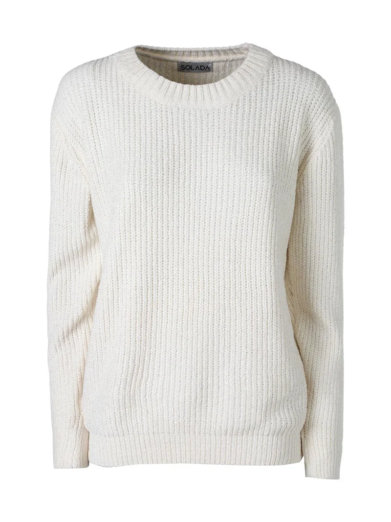 Maglione girocollo da donna in ciniglia - panna