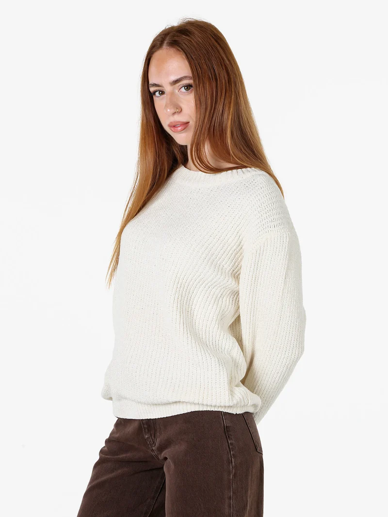 Maglione girocollo da donna in ciniglia - panna