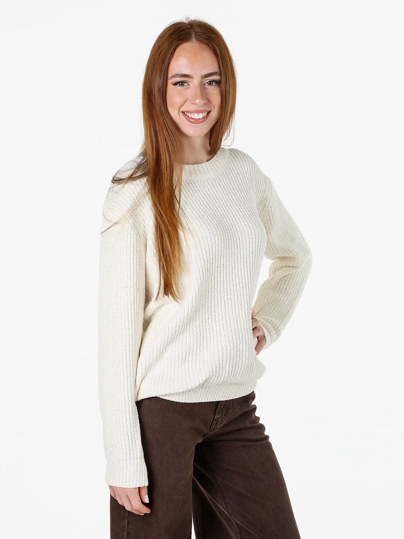 Maglione girocollo da donna in ciniglia - panna