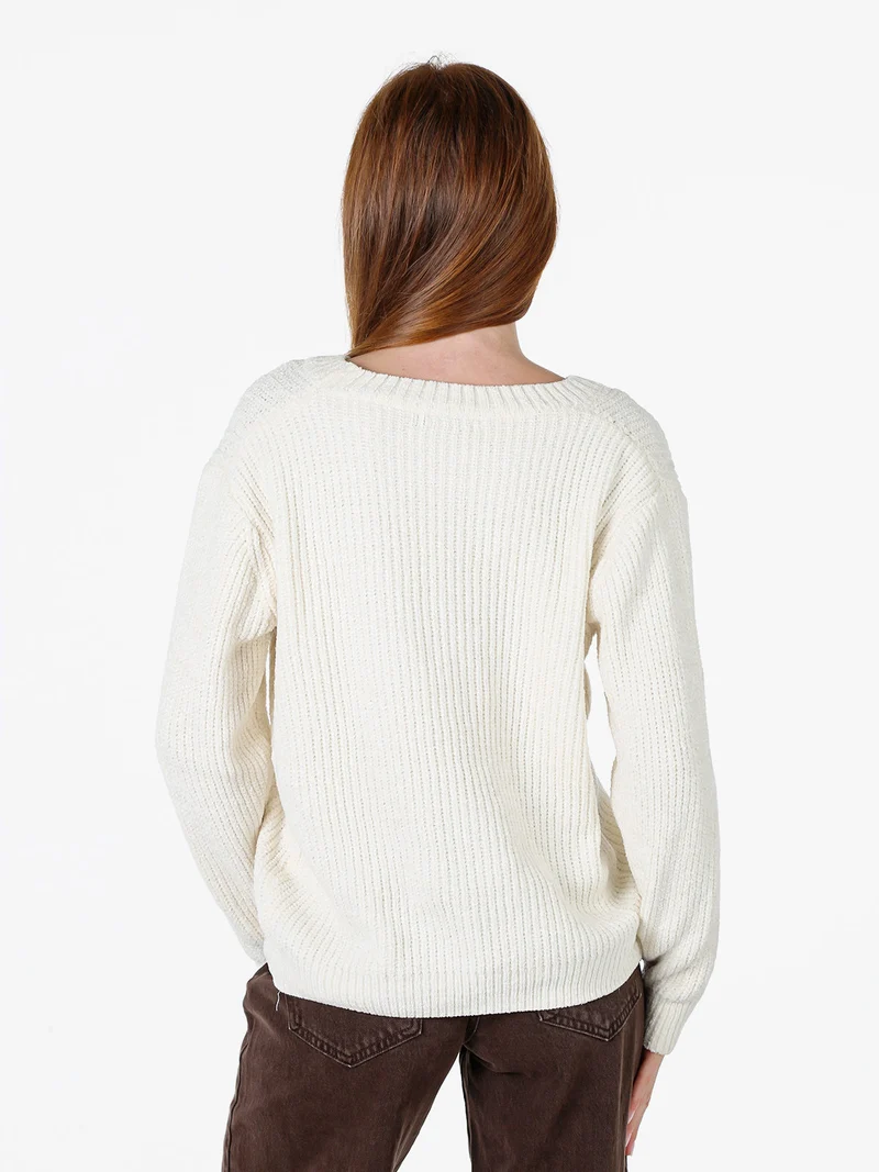 Maglione girocollo da donna in ciniglia - panna