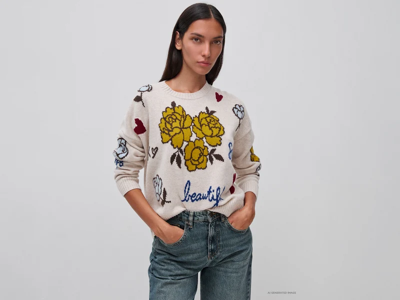 Pullover aus 100 % Wolle mit floralem Einsatz