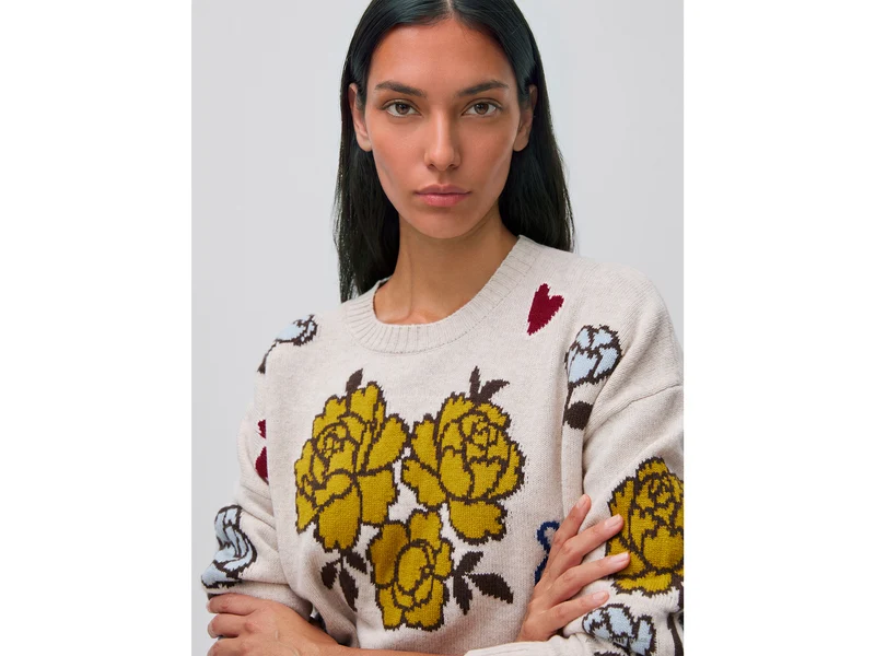 Pullover aus 100 % Wolle mit floralem Einsatz