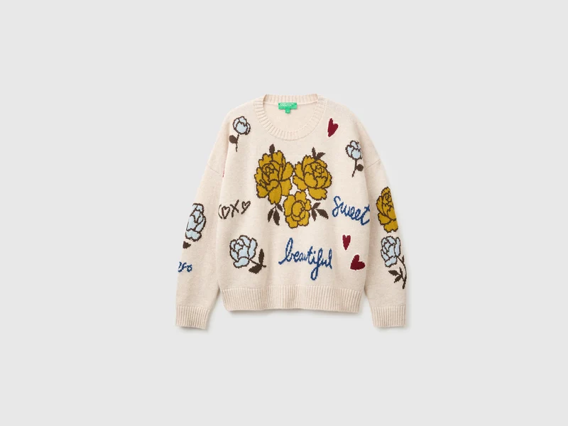 Pullover aus 100 % Wolle mit floralem Einsatz