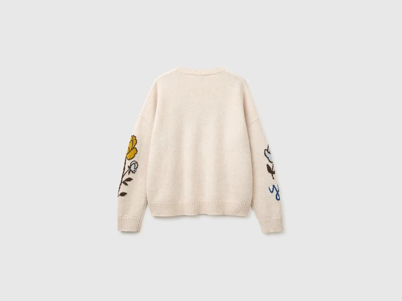 Pullover aus 100 % Wolle mit floralem Einsatz