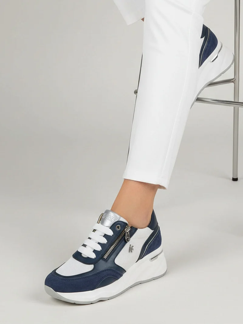 Sneakers donna in pelle con zeppa - blu