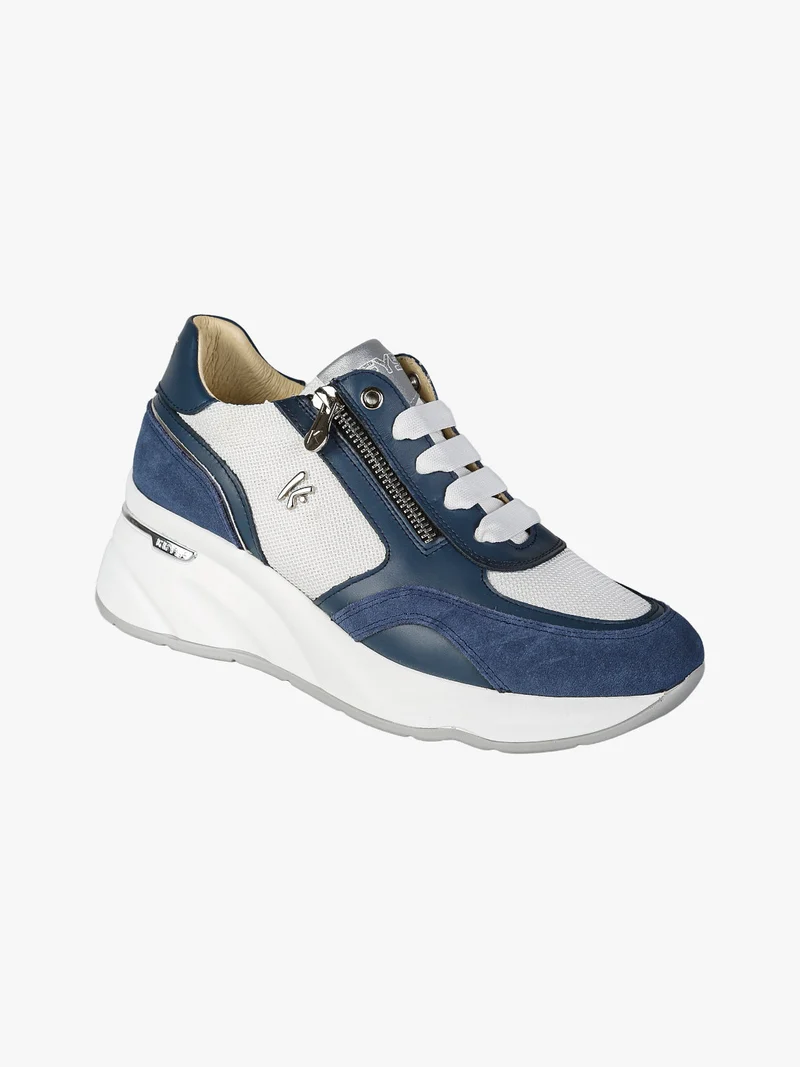 Sneakers donna in pelle con zeppa - blu