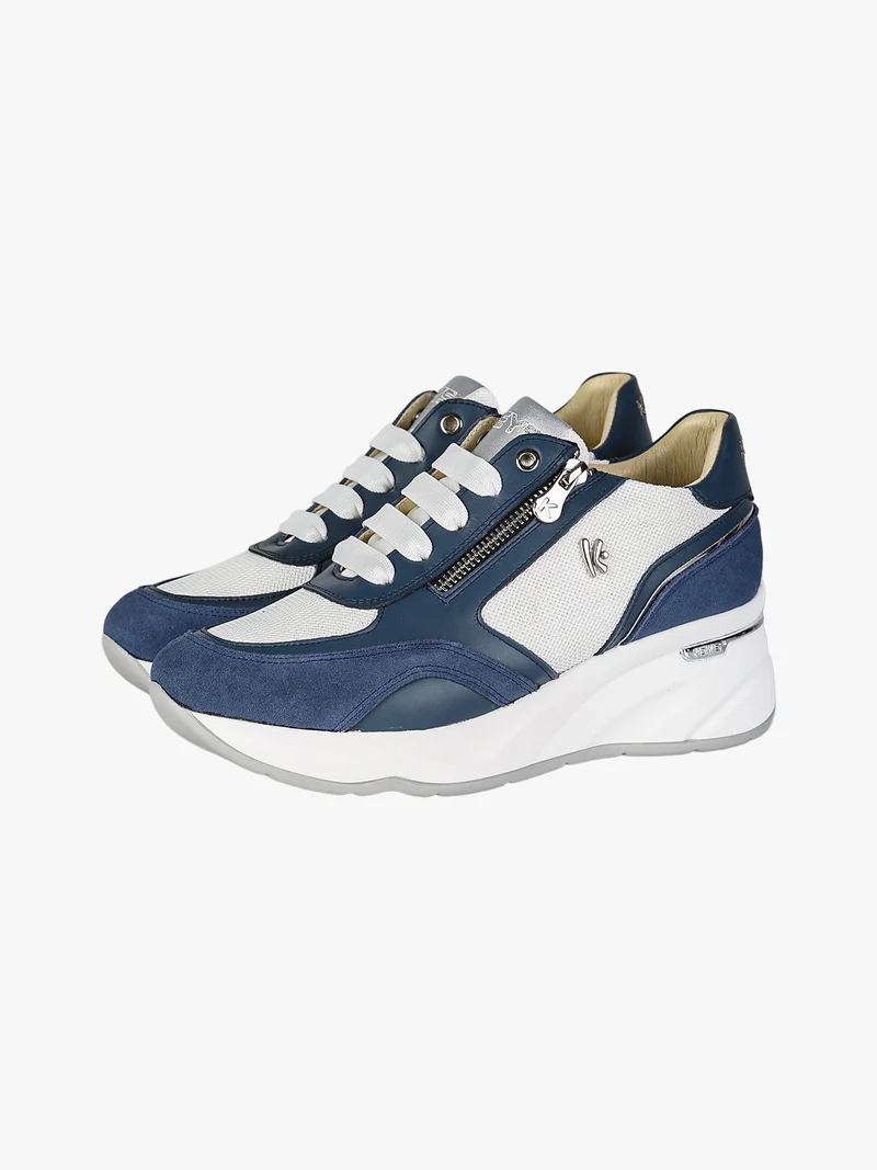 Sneakers donna in pelle con zeppa - blu