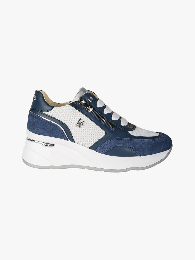 Sneakers donna in pelle con zeppa - blu
