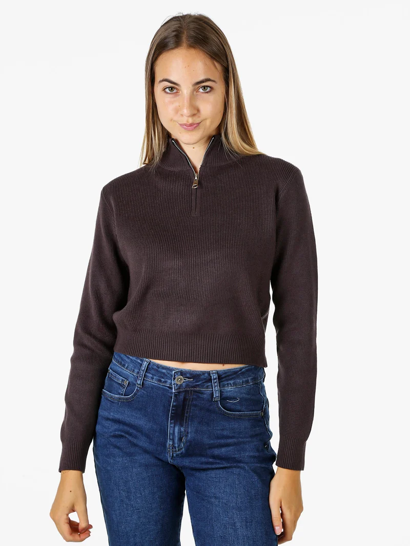 Maglia donna cropped a coste con mezza zip - moro