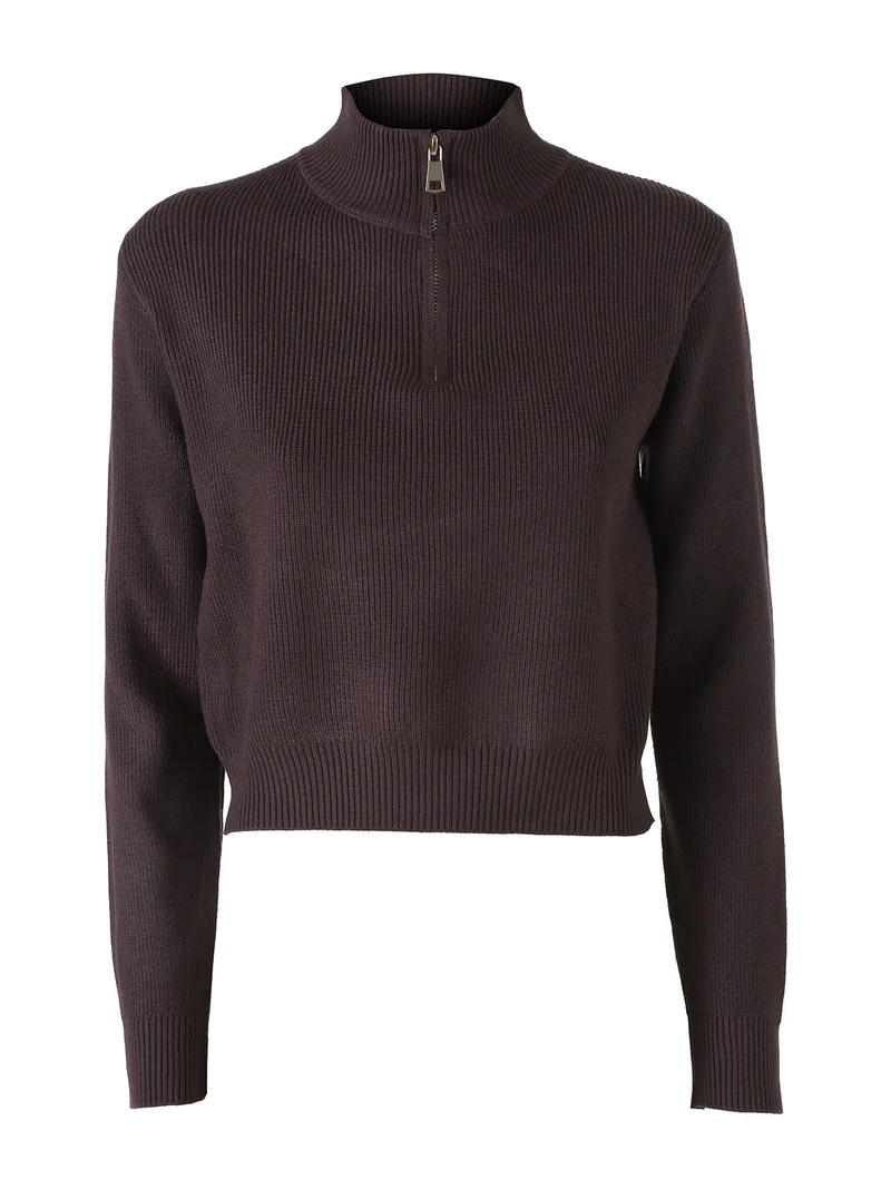 Maglia donna cropped a coste con mezza zip - moro