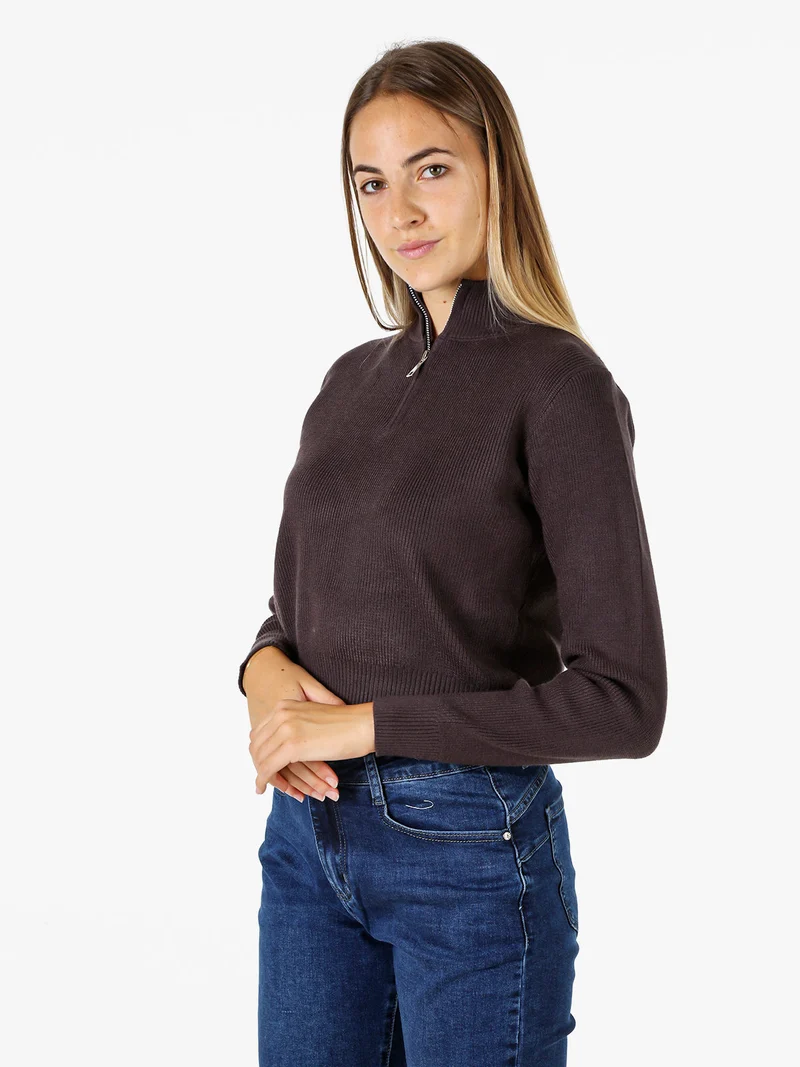 Maglia donna cropped a coste con mezza zip - moro