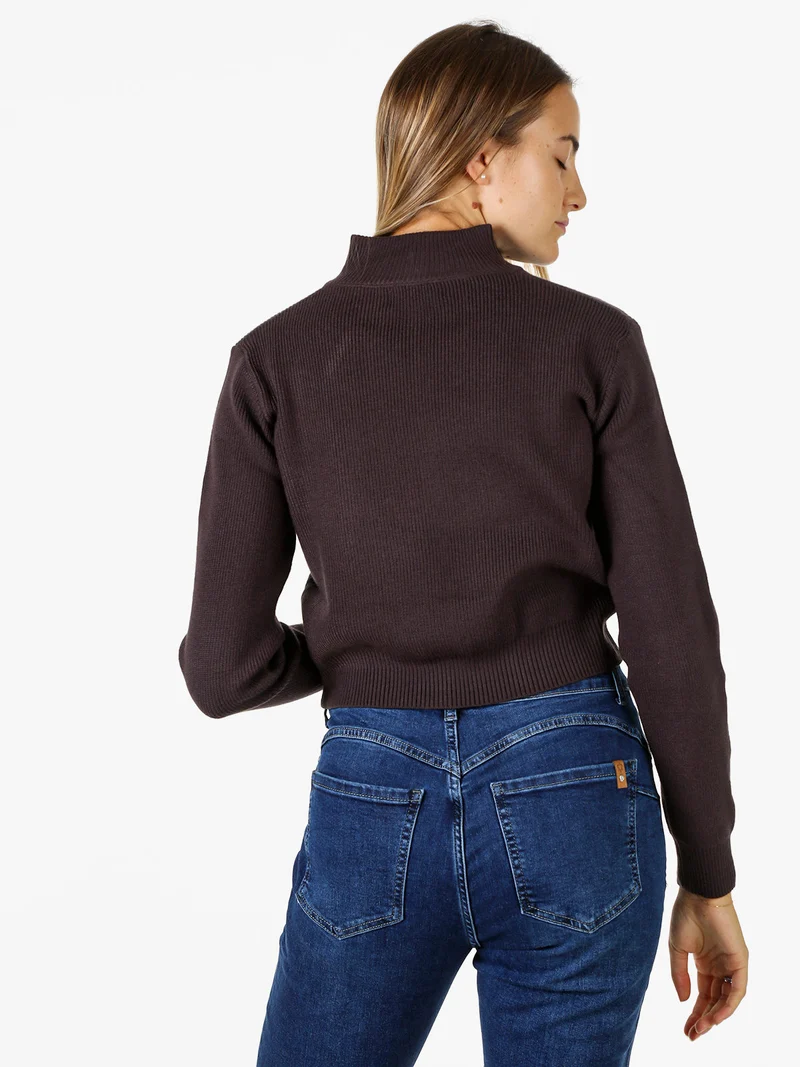 Maglia donna cropped a coste con mezza zip - moro