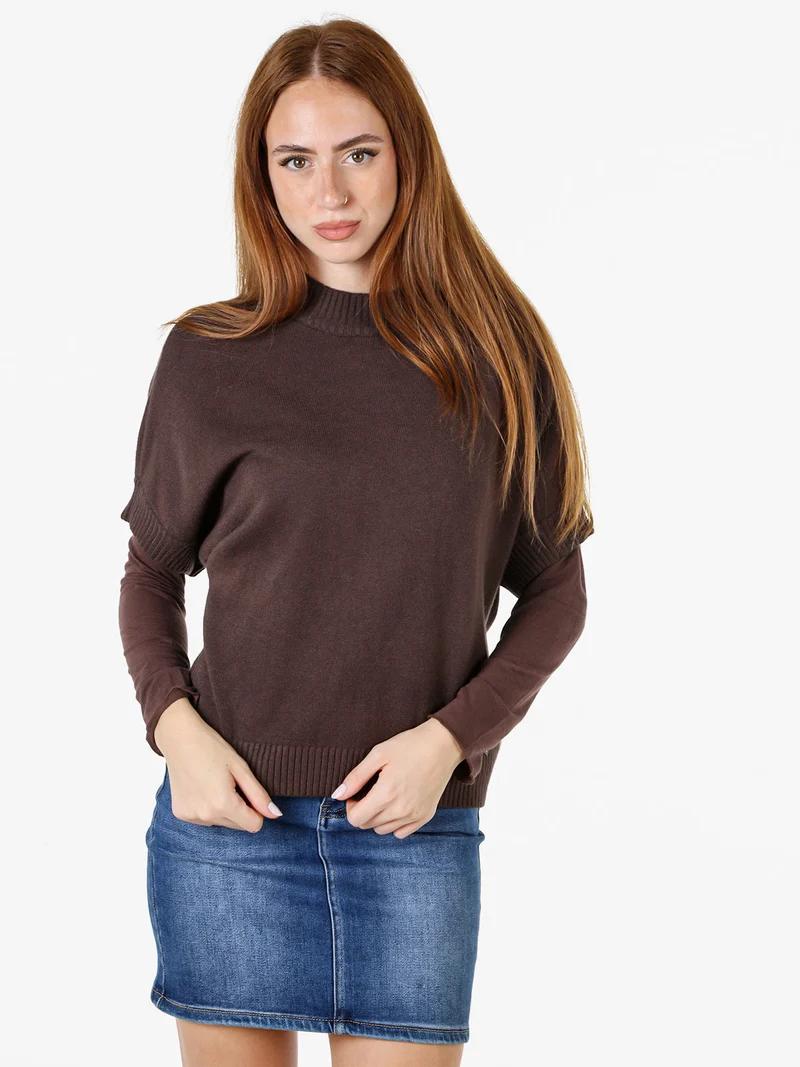 Maglia donna poncho accollata con maniche corte - moro