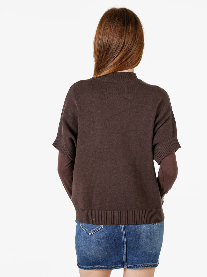 Maglia donna poncho accollata con maniche corte - moro