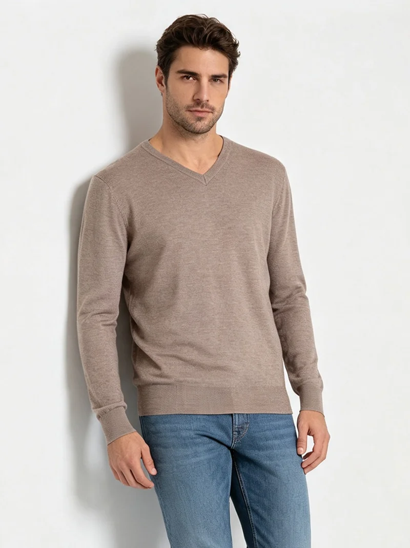 Maglia uomo con scollo a V tinta unita - sabbia