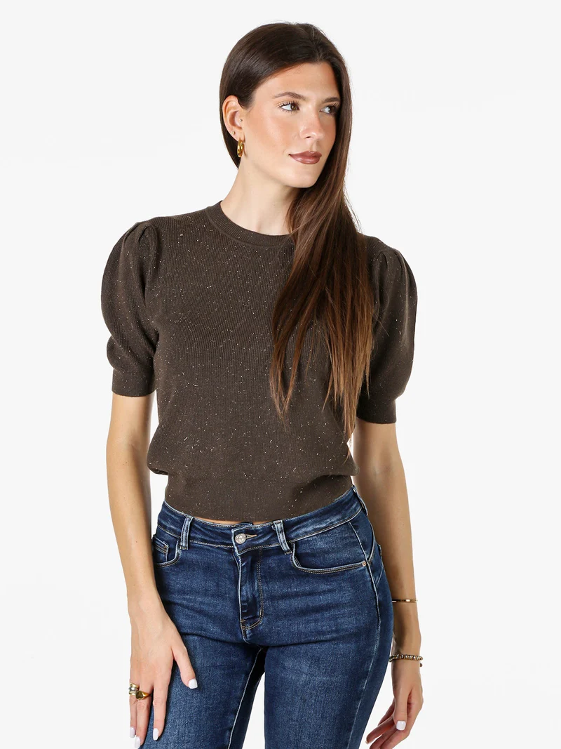 Maglia donna in lurex con maniche corte a sbuffo - moro