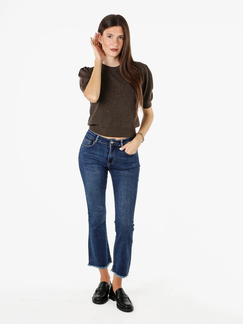 Maglia donna in lurex con maniche corte a sbuffo - moro
