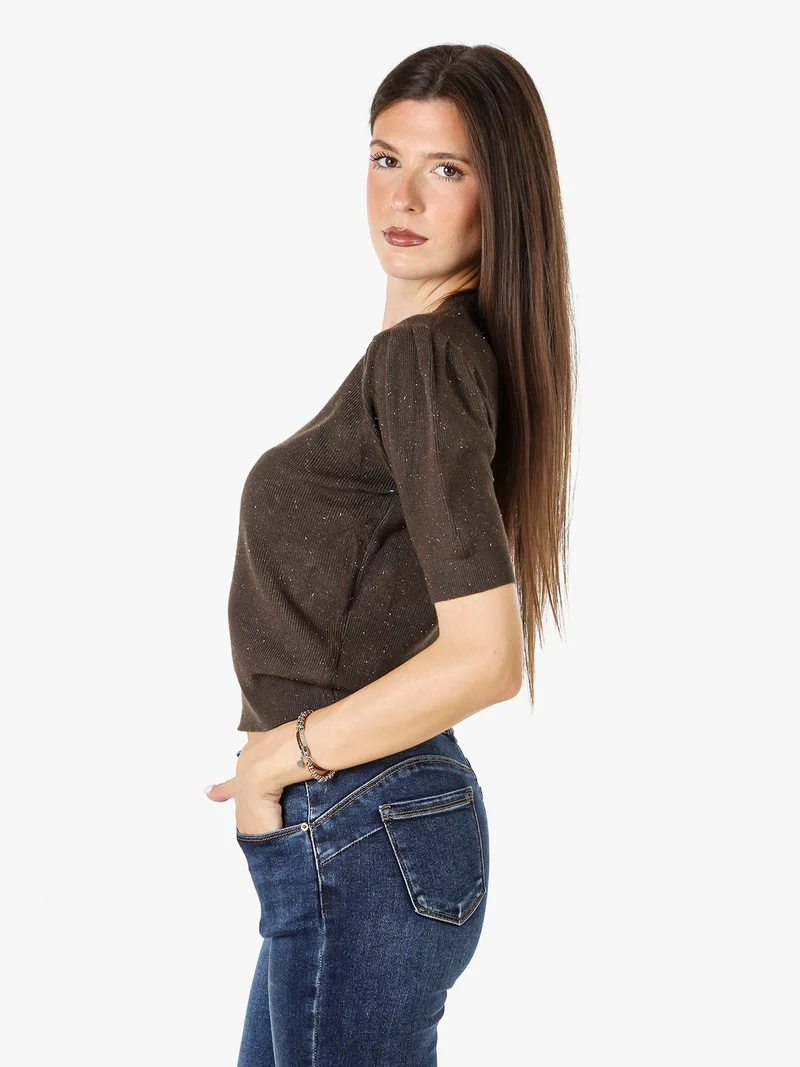 Maglia donna in lurex con maniche corte a sbuffo - moro