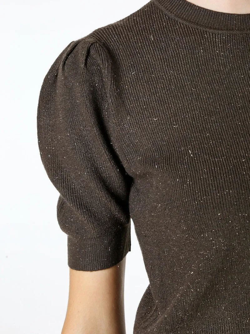 Maglia donna in lurex con maniche corte a sbuffo - moro