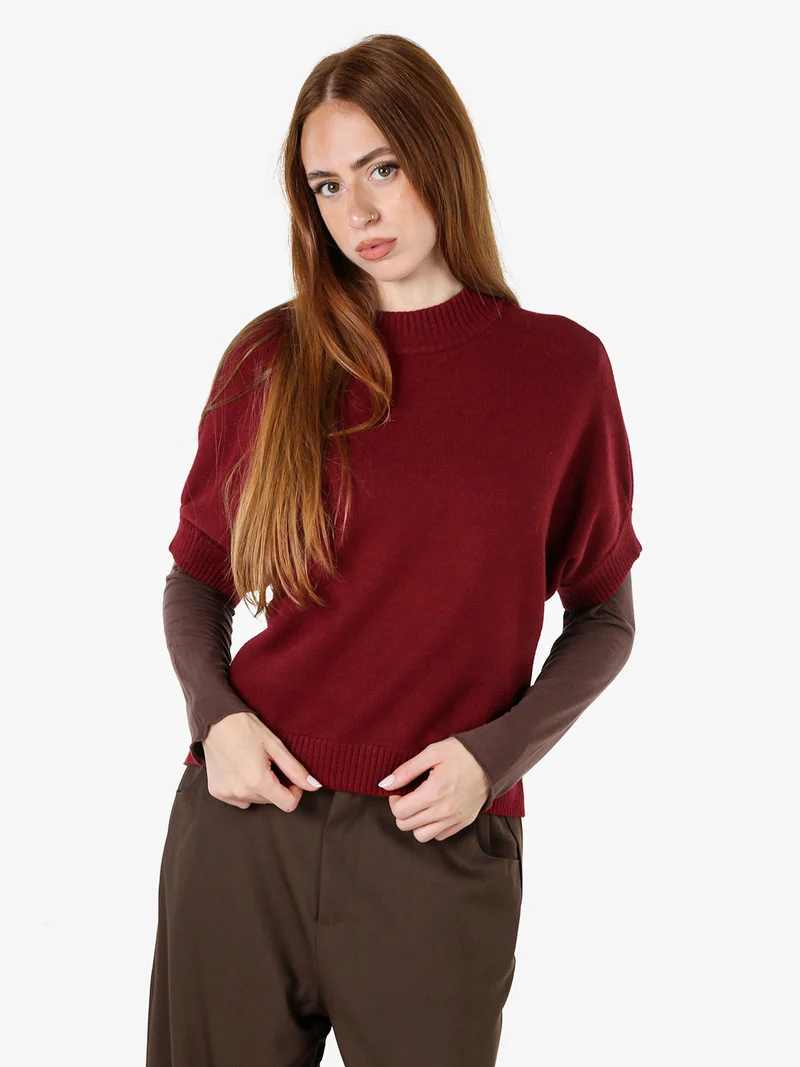 Maglia donna poncho accollata con maniche corte - bordeaux