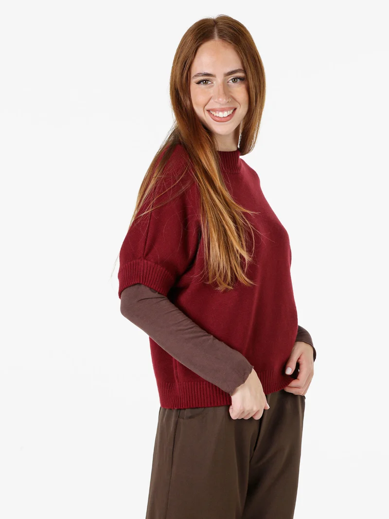 Maglia donna poncho accollata con maniche corte - bordeaux
