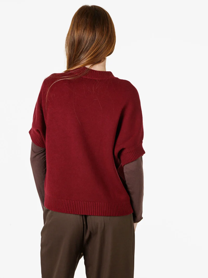Maglia donna poncho accollata con maniche corte - bordeaux