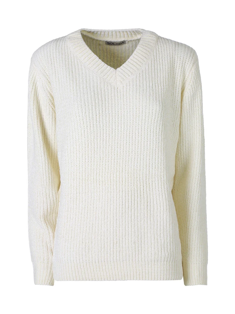 Maglione in ciniglia da donna con scollo a V - panna