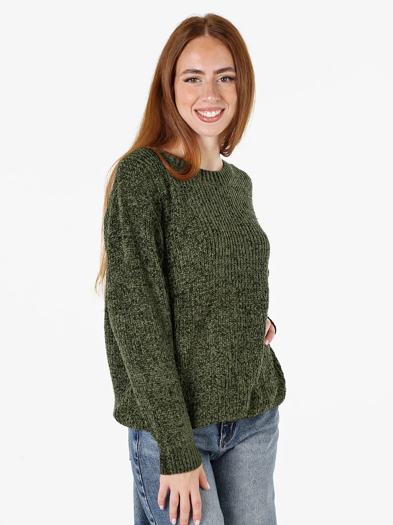 Maglione girocollo da donna in ciniglia - verde