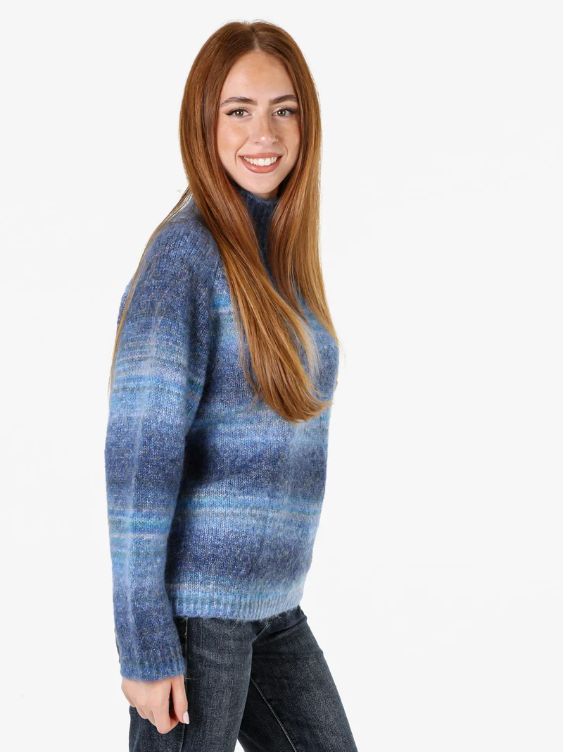 Maglione donna multicolore con collo a lupetto - blu scuro