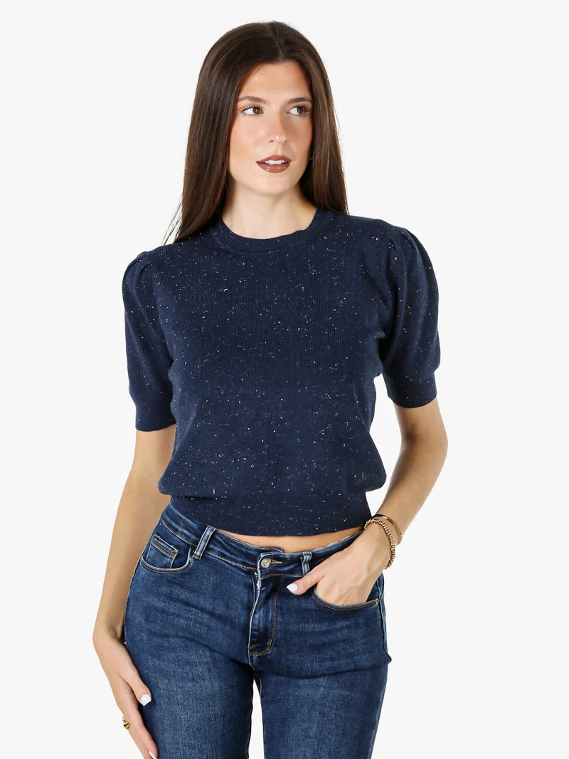 Maglia donna in lurex con maniche corte a sbuffo - blu scuro