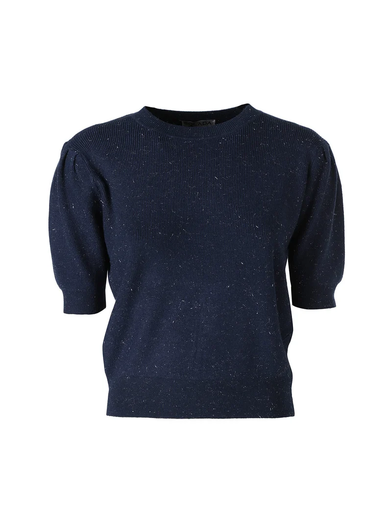 Maglia donna in lurex con maniche corte a sbuffo - blu scuro