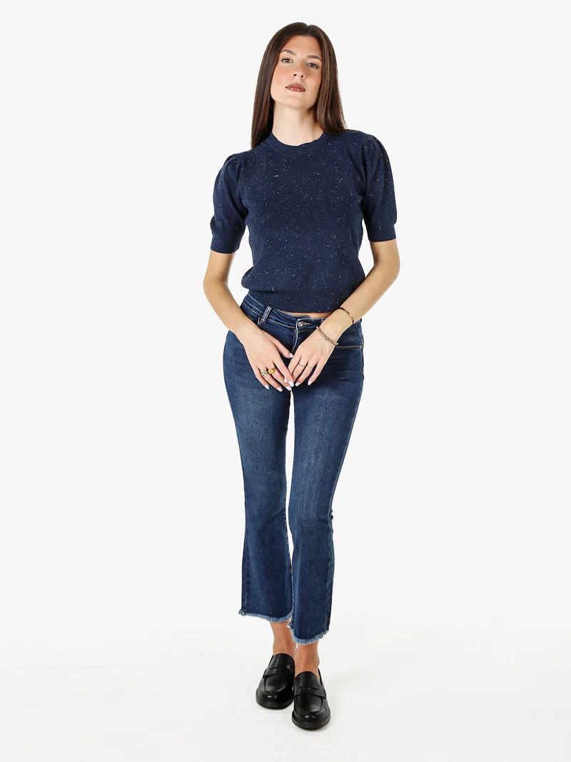 Maglia donna in lurex con maniche corte a sbuffo - blu scuro