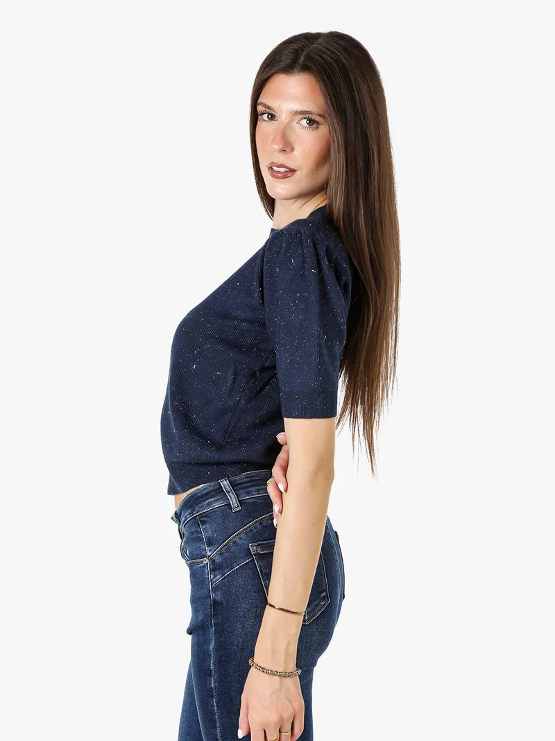 Maglia donna in lurex con maniche corte a sbuffo - blu scuro