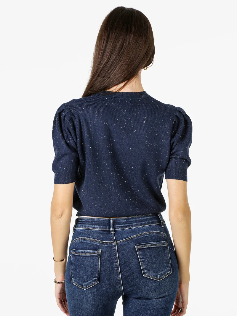 Maglia donna in lurex con maniche corte a sbuffo - blu scuro